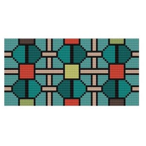 May include: Geometric pattern featuring teal, red, and yellow squares and octagons, connected by tan and black lines. The design is set against a light teal background, creating a visually appealing, symmetrical arrangement. The pattern is suitable for various applications.