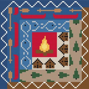 Camping Log Cabin Quilt Style Needlepoint Pattern, 18 Mesh, Great Outdoors, Forest, Campfire, Cabin, Fishing, Needlepoint Chart
