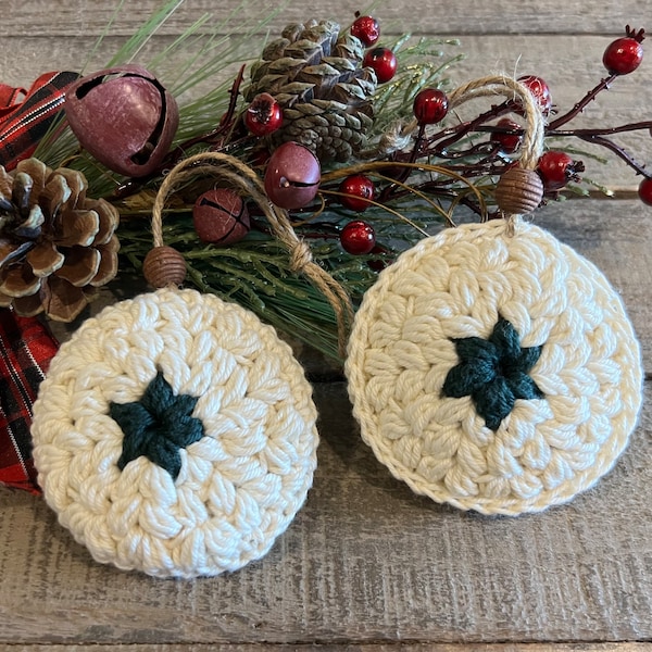 Vintage Style, Traditional, Farmhouse, Set of 2, Rustic Nature, Handmade, Hand Painted Wood Beads, Cozy Cabin Crochet Holiday Ornaments