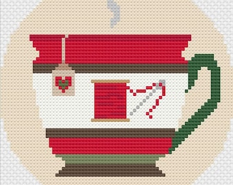 Holiday Teacup Needlepoint Pattern, Spool and Needle Teacup, Thread and Needle Pattern, Teacup Needlepoint, Needlepoint Teacup Chart