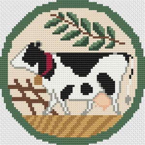 May include: A black and white cow with a red collar and a bell stands in a field with a green leafy branch above it. The cow is standing on a brown and white checkered surface. The image is surrounded by a green border.