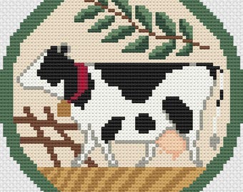 Dairy Cow Needlepoint Pattern, Holstein Dairy Cow, Milk Cow, Butter Mold Style Milk Cow Needlepoint Ornament Round, Farm Cow, Milking Cow