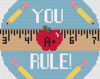 School Theme Needlepoint Pattern,  18 Mesh, Teacher Appreciation,  Achievement, Grade A  Plus, Achievement Award Ornament Round, Academic