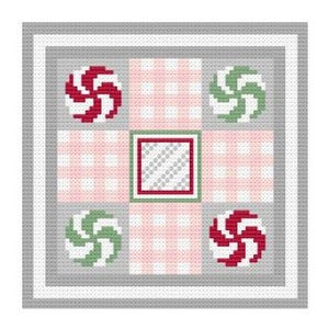 May include: A square needlepoint design with a grid pattern of pink gingham squares and four peppermint candies. The candies are red and white, and green and white. The design is framed by a grey border.
