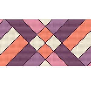 May include: A geometric pattern in shades of purple, pink, peach, and cream. The design features diagonal stripes and diamond shapes, creating a modern and colorful aesthetic. The pattern is likely for a textile or fabric.