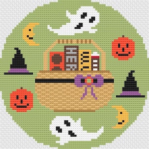 Halloween Theme Needlepoint Ornament Round Pattern, Halloween Candy, Cute Halloween Pattern, Trick or Treat, Halloween Candy Basket Pattern