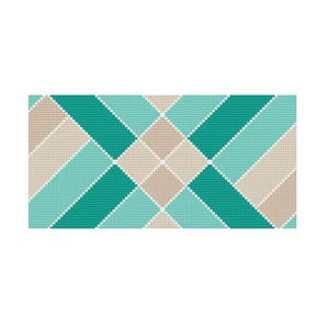 May include: Geometric pattern in teal, light blue, and beige. The design features diagonal stripes and diamond shapes, creating a textured, pixelated effect. The color palette is neutral with pops of bright color.