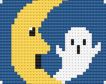 Fun Halloween Theme Needlepoint Mini Patterns, 2 Charts, 13 Mesh, 18 Mesh, Ghost, Moon, Halloween Garland, Bag Charm, Small Tree Ornament