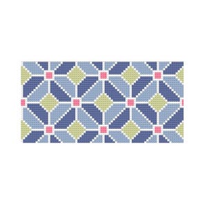 May include: A cross-stitch pattern featuring a repeating geometric design of dark blue, light blue, and lime green diamonds arranged in a grid. Small pink squares are positioned at the intersections of the white lines that outline each shape.