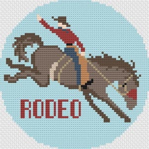 May include: A brown horse with a cowboy riding on its back. The horse is bucking and the cowboy is holding on. The word "RODEO" is written in red letters below the horse.
