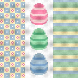 May include: Three pixelated Easter eggs with striped patterns. The top egg is pink and white, the middle egg is green and white, and the bottom egg is blue and white.