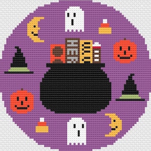 May include: A pixelated Halloween-themed design featuring a black cauldron with the word "HER" above it. Surrounding the cauldron are pumpkins, ghosts, witch hats, candy corn, and crescent moons, all set against a purple background.