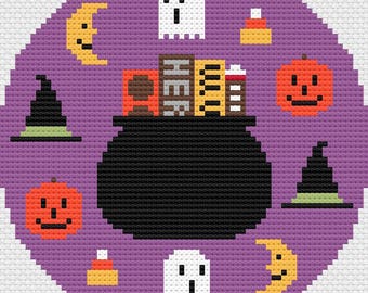 Halloween Candy Cauldron Needlepoint Pattern, Ghost, Candy Corn, Witch Hat, Moon, Fun Halloween Themed Needlepoint Ornament, Coaster pattern