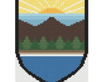 Nature Badge Needlepoint Pattern, Graphic Nature Design, Needlepoint Chart, Camping, Hiking, Nature, Great Outdoors Theme Needlepoint