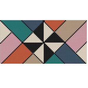Puede incluir: Un patrón de punto de cruz geométrico con un diseño repetido de triángulos. La paleta de colores incluye verde azulado, rosa, naranja, beige, negro y azul marino. El diseño está sobre un fondo blanco.