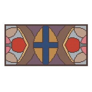 May include: A rectangular cross-stitch pattern featuring a central gold oval with a dark blue cross. The design is flanked by symmetrical geometric shapes in shades of red, light gray, pink, and brown, all enclosed within a dark brown border.
