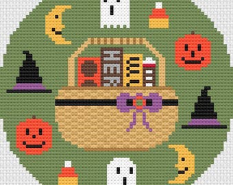 Halloween Candy Basket Needlepoint Pattern, Cute Halloween Needlepoint, Fun Halloween Ornament Pattern, Halloween Coaster, Ornament Pattern