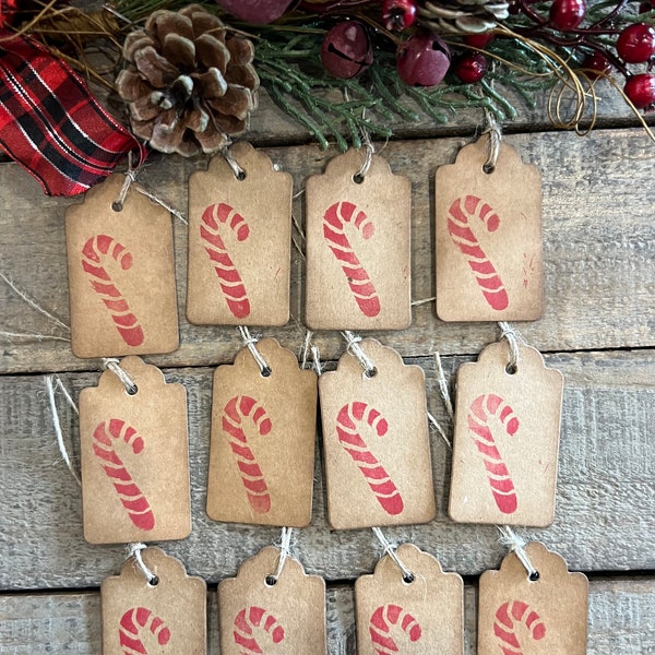 Cute Candy Cane Gift Tags, Set of 12, Hand Carved Stamp, Candy Cane Gift Tags, Holiday Candy Cane, Farmhouse Candy Cane Tags, Handmade