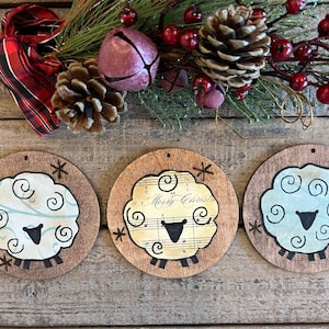 Sheep Christmas Ornament, Sheep Holiday Ornament, Wooly Sheep Ornament, Handmade, Pyrography, Rustic Sheep Wood Ornament, Primitive Sheep