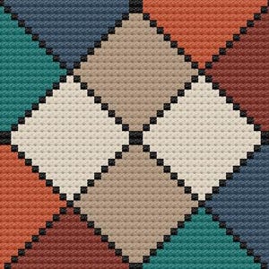 K&ouml;nnte beinhalten: Ein farbenfrohes, geometrisches Muster mit sich wiederholenden Rauten. Die Rauten sind mit verschiedenen Farben gef&uuml;llt, darunter T&uuml;rkis, Orange, Rosa, Beige, Braun und Marineblau, umrandet mit Schwarz. Die Textur deutet auf einen gewebten Stoff hin.