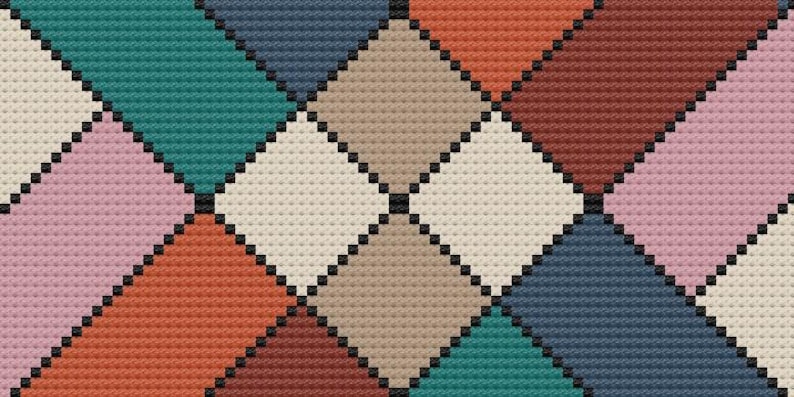 K&ouml;nnte beinhalten: Ein farbenfrohes, geometrisches Muster mit sich wiederholenden Rauten. Die Rauten sind mit verschiedenen Farben gef&uuml;llt, darunter T&uuml;rkis, Orange, Rosa, Beige, Braun und Marineblau, umrandet mit Schwarz. Die Textur deutet auf einen gewebten Stoff hin.