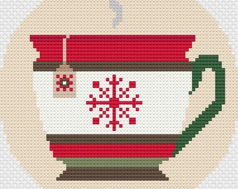 Snowflake Teacup Needlepoint Pattern, Winter Snowflake Stitch Chart, Winter Teacup Needlepoint Pattern, Holiday Snowflake Teacup Needlepoint