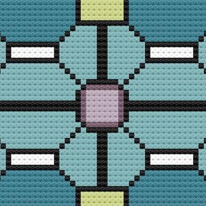 May include: A repeating geometric pattern in shades of teal, blue, and purple, with black and white accents. The design features square and diamond shapes, creating a textured, pixelated effect. The pattern is reminiscent of cross-stitch or mosaic art.