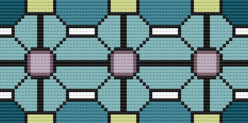 May include: A repeating geometric pattern in shades of teal, blue, and purple, with black and white accents. The design features square and diamond shapes, creating a textured, pixelated effect. The pattern is reminiscent of cross-stitch or mosaic art.