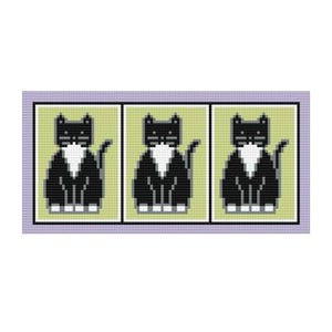 May include: A cross-stitch pattern featuring three identical black and white cats with white chest patches and paws, each centered in a light green rectangular frame, all enclosed within a single light purple border on a grid fabric.