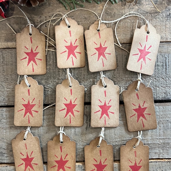 Christmas Star Gift Tags, Set of 12 Tags,  Okanogan Original Hand Carved Stamp, Holiday Star Tag, Farmhouse Holiday Tags, Rustic Star Tag