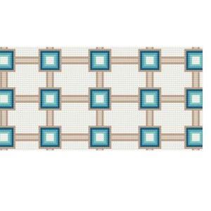 May include: Geometric pattern featuring a grid of squares in shades of teal and beige, connected by beige lines, set against a white dotted background. The design is symmetrical and visually balanced, suitable for various applications.