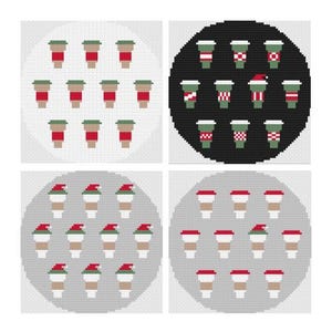 May include: A cross-stitch pattern featuring four circular grids. Each grid displays a repeating motif of coffee cups in various styles, including some with red and white striped patterns or small red Santa hats, set against white, black, and grey backgrounds.