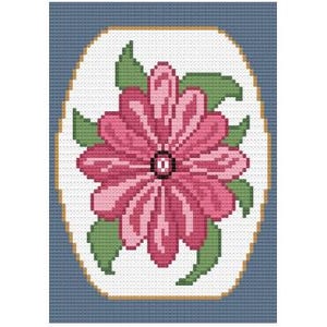 May include: Cross-stitch design of a pink flower with green leaves, centered on a white oval with a gold border. The background is a solid blue color. The flower has a dark center.