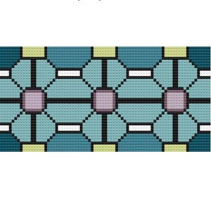Puede incluir: Un patrón de punto de cruz geométrico con formas florales repetidas. El diseño utiliza tonos de verde azulado, azul claro y lavanda, delineados en negro. Pequeños acentos amarillos y blancos completan el patrón, adecuado para proyectos de manualidades.