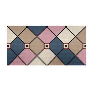Puede incluir: Patrón geométrico con un diseño de rombos repetido. Los rombos son en tonos beige, marrón, azul y rosa, delineados con puntos negros. Pequeños cuadrados están en el centro de cada rombo.