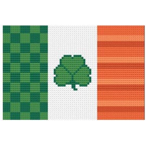 May include: A green, white, and orange Irish flag with a green shamrock in the center.
