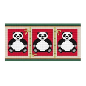 May include: A cross-stitch pattern featuring three identical black and white pandas sitting in individual red rectangular panels. The panels are separated by vertical stalks of green bamboo, all framed by a light beige border and dark green edges.