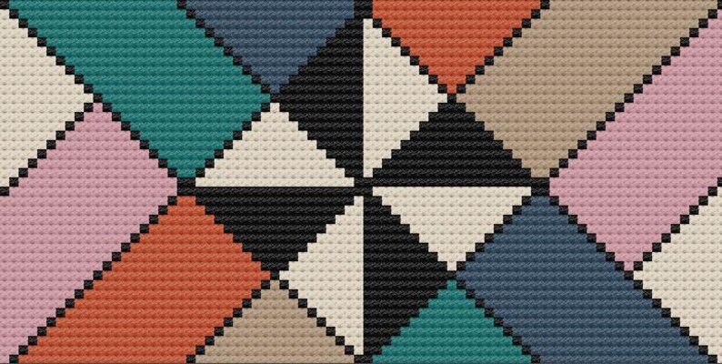 Peut inclure: Motif g&eacute;om&eacute;trique compos&eacute; de triangles de diff&eacute;rentes couleurs : teal, rose, orange, beige, marine et noir. Le design rappelle le point de croix ou le pixel art, avec un aspect textur&eacute;.