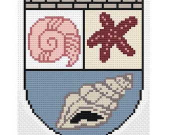 Seashore Theme Needlepoint Pattern, Seashells, Starfish, Beach Theme, Needlepoint Chart, Beach Theme,  Beach Coat of Arms Style Needlepoint