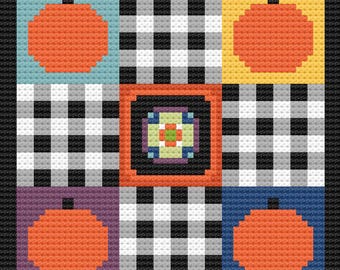 Fall Pumpkin Needlepoint Pattern, Cute Fall Needlepoint, Pumpkin Farm, Quilt Style Pumpkin Needlepoint Pattern, Fun Fall Needlepoint Chart