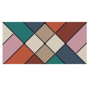 May include: A geometric pattern featuring a series of colorful diamond shapes. The design incorporates various colors, including teal, orange, pink, beige, brown, red-brown, and navy blue. The diamonds are outlined with black dots, creating a textured appearance.