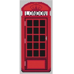 May include: A red telephone booth with a white sign that says "LONDON" on it. The booth has a glass door and a small window on the side.