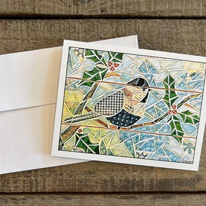 Chickadee Notecards, Black Cap Chickadee Cards, Cute Chicadee Holiday Card Set, Set of 5, Holiday Bird Cards, Christmas Chickadee, Mosaic