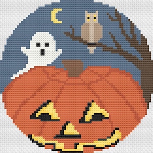 Halloween Needlepoint Pattern, Spooky Fun Needlepoint, Fall Pumpkin, Halloween Ghost, Halloween Scene Needlepoint Chart, Ghost, Owl, Pumpkin
