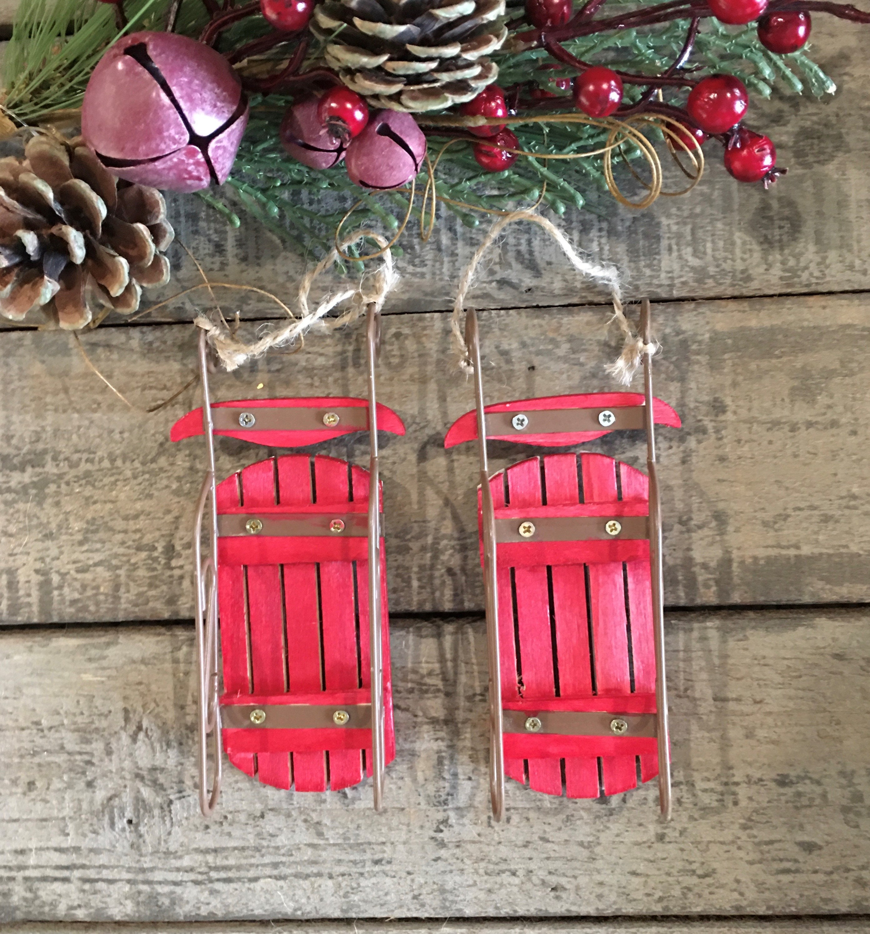 Christmas Sled Ornaments (Set of 3) Wooden Holiday Sleigh Tree Decorations - Hand Painted Farmhouse Christmas, Vintage Rustic Decorative Hanging