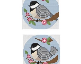 Chickadee Cherry Blossom Needlepoint Pattern, 2 Charts, 18 Mesh, Black Capped Chickadee, Spring Blossom, Cherry Blossom, Cute Bird