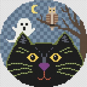 Halloween Needlepoint Pattern, Spooky Fun Needlepoint, Black Cat, Halloween Ghost, Halloween Crazy Cat, Cute Cat, Ghost, Owl Halloween Chart