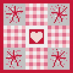 May include: A cross-stitch design featuring a central heart surrounded by squares of pink gingham, gray, and red snowflake-like patterns. The design is framed by a red border, creating a cohesive and decorative piece.