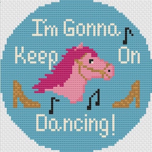 I'm Gonna Keep on Dancing!  Pink Pony Heels Needlepoint Pattern, Pink Pony Needlepoint Chart, Pop Music Theme Needlepoint Pattern, High Heel