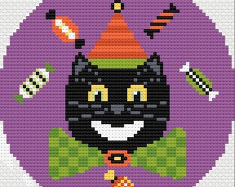 Halloween Black Cat, Needlepoint Chart, 18 Mesh, Halloween Party Cat, Halloween, Fun Halloween Candy, Trick or Treat, Halloween Candy Cat